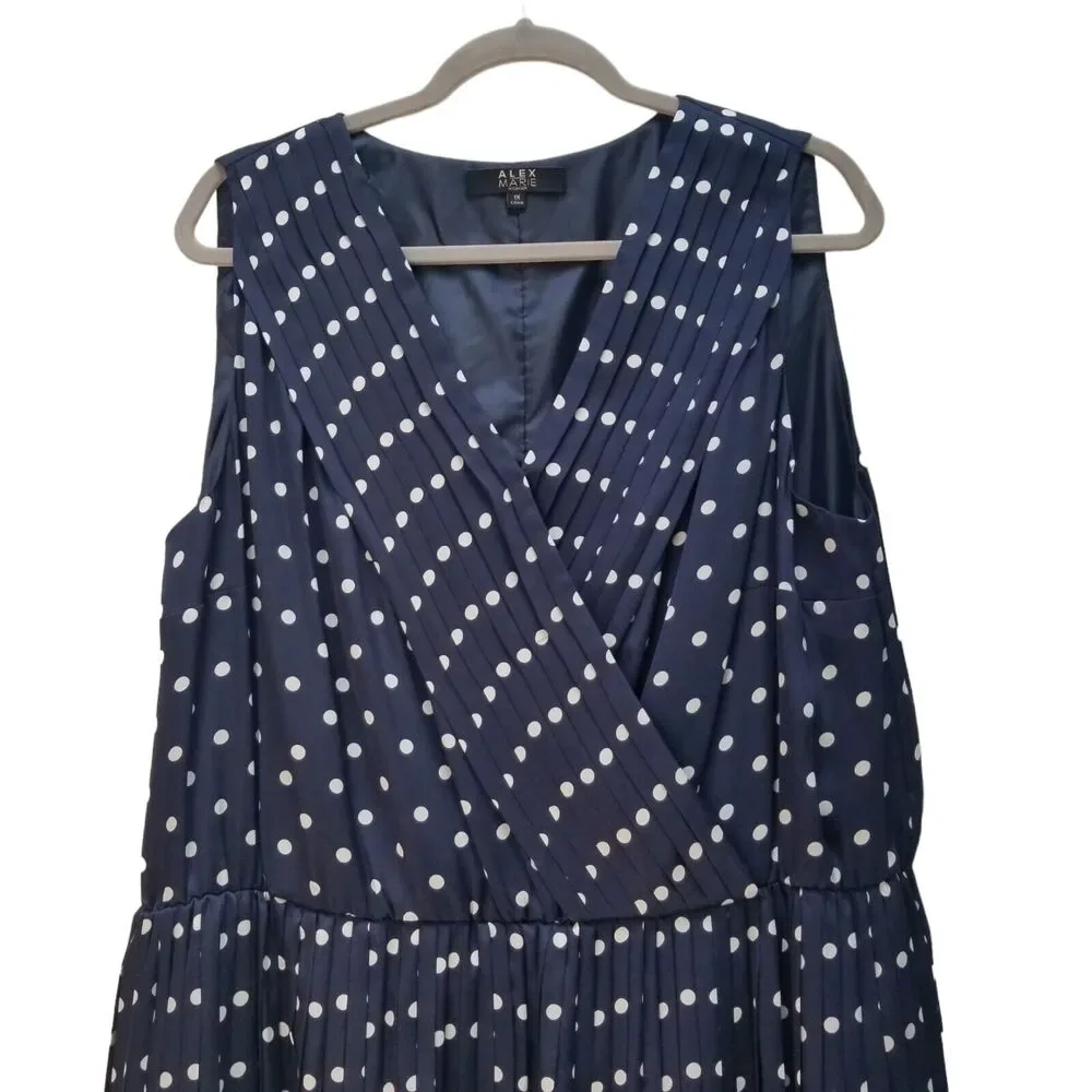 Alex Marie NWOT Navy Blue White POLKA DOT DRESS Sleeveless PLEATED Sz 1X $129 - Picture 3 of 12